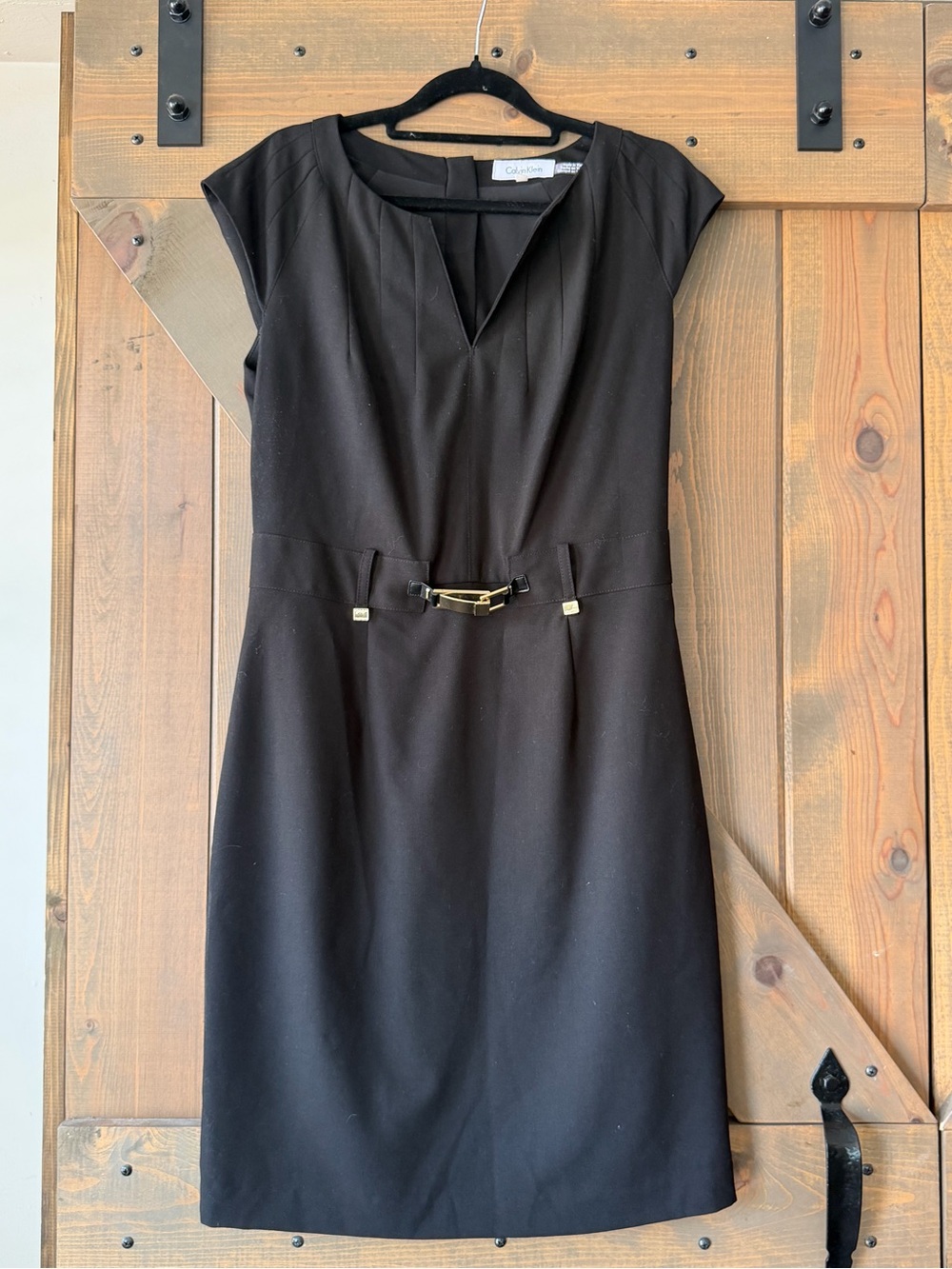 Calvin Klein Black Sheath Dress with Gold Buckle Detail